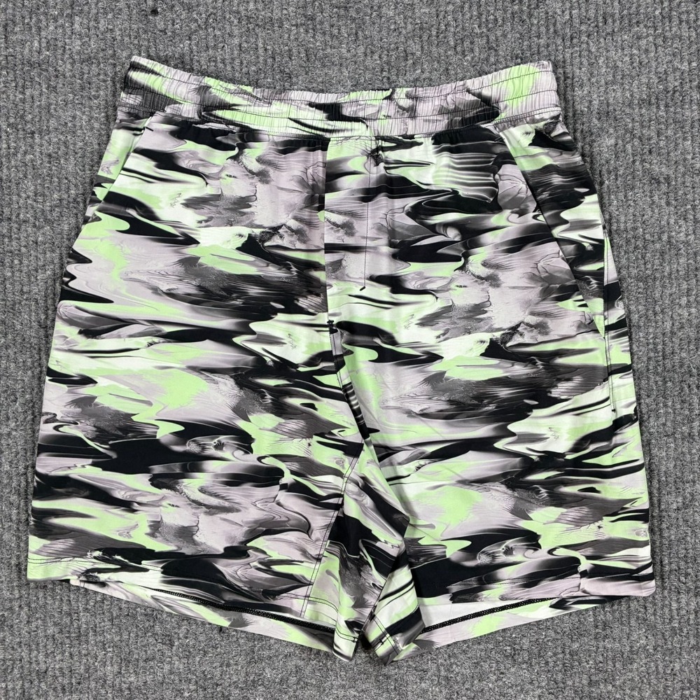 Lululemon Womens M Running Shorts Black Green Abstract Print Pockets Pull On